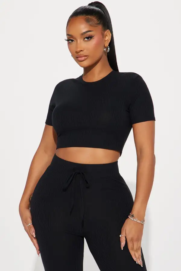 In A Mood Ribbed Pant Set - Black
