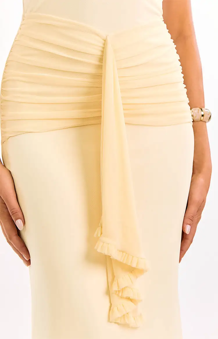 Mesh Ruched Strapless Frills Maxi Dress