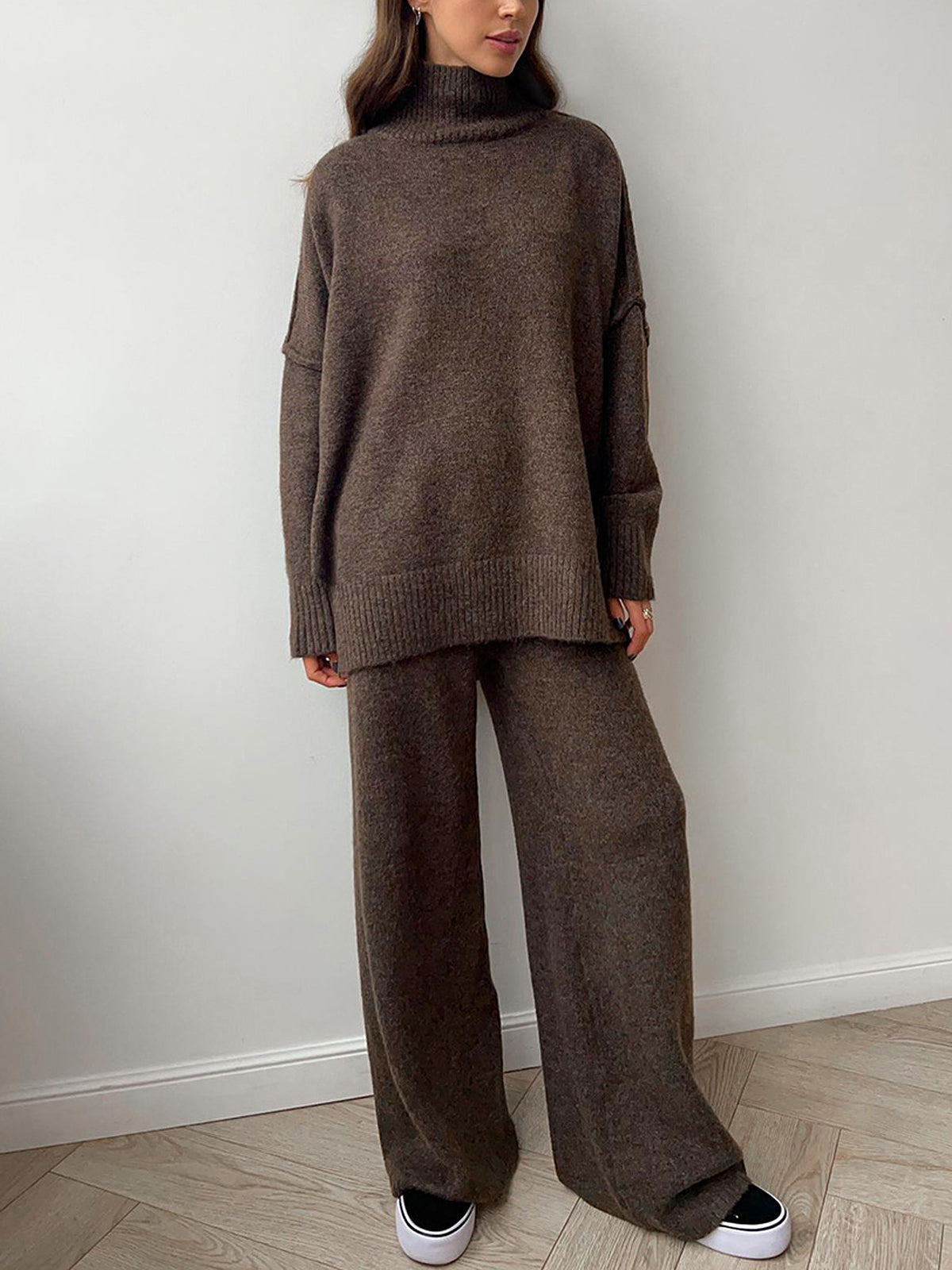 Plain Turtleneck Knit Pants Set