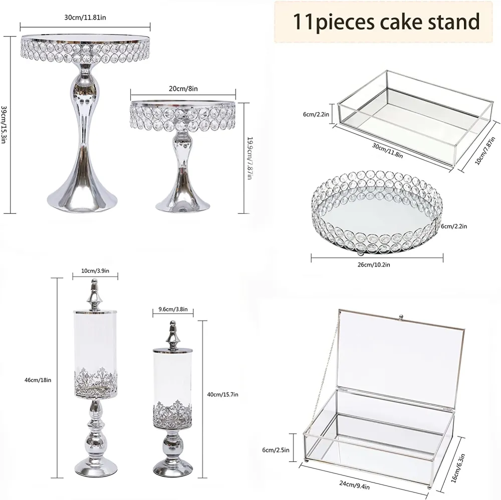 TFCFL 11 PCS Silver Cake Stand Set Crystal Cupcake Dessert Plate Display Tower Mirror Cake Holder Cupcake Stands for Wedding Afternoon Tea Birthday Party