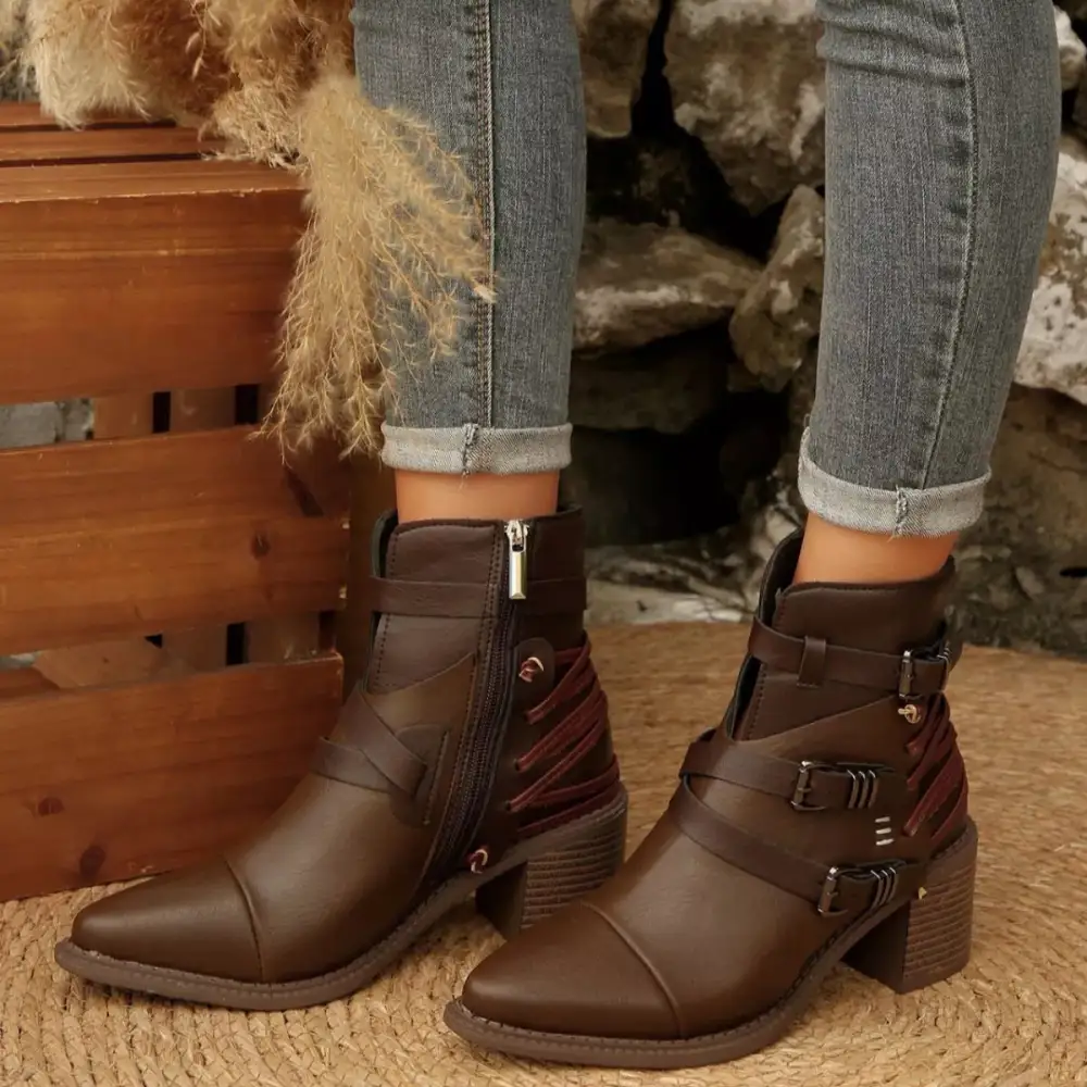 Pointed Toe Buckle Strap Ankle Boots with Block Heel