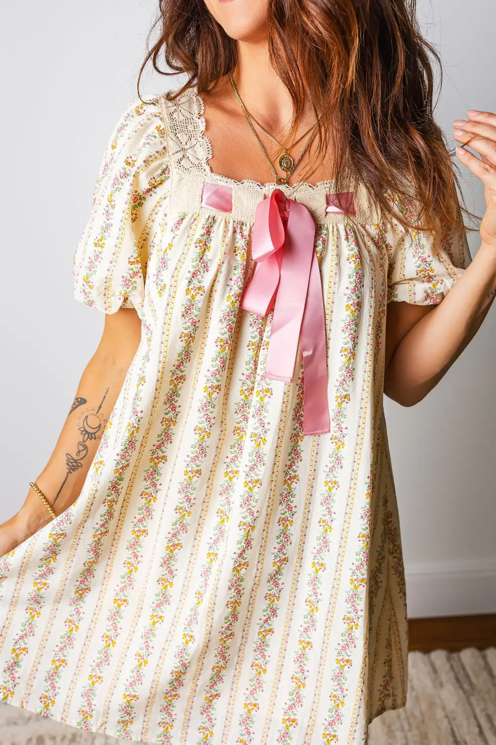 Gathered Detail Floral Printed Ribbed Mini Dress