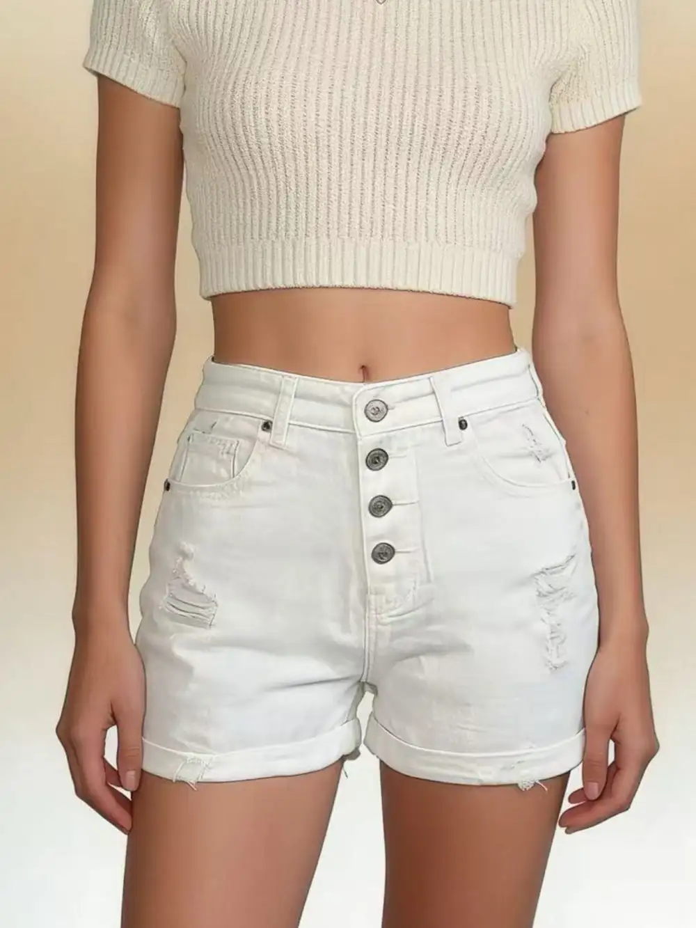 High-Waisted Button-Fly Distressed Denim Shorts