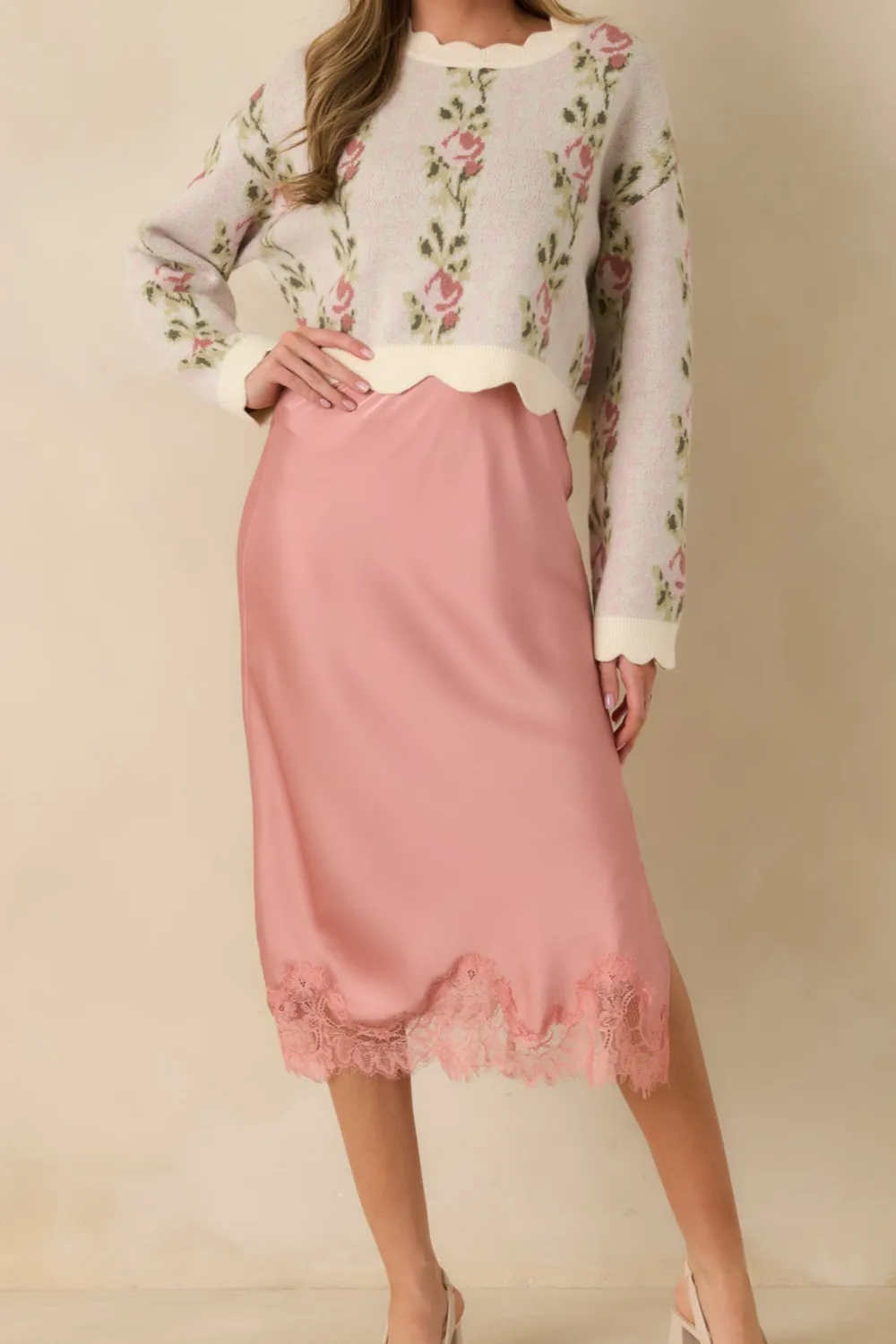 Call Me Later Blush Satin Lace Trim Midi Skirt