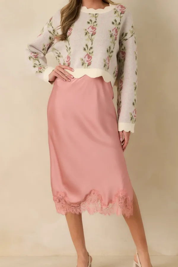 Call Me Later Blush Satin Lace Trim Midi Skirt