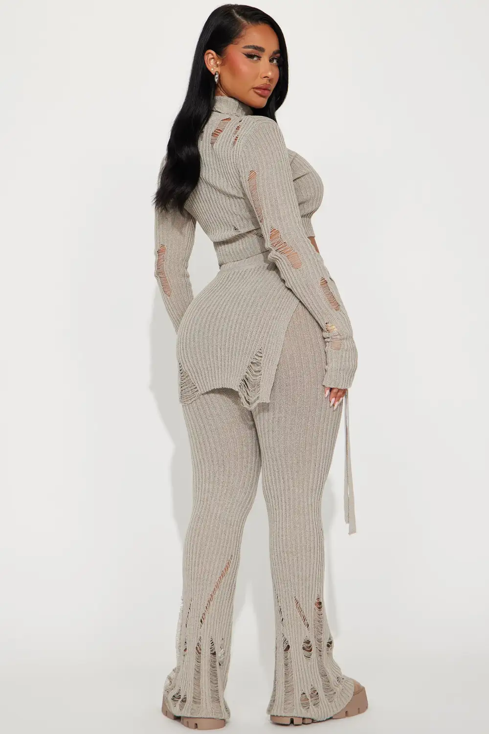 Influential 3 Piece Sweater Knit Pant Set - Stone