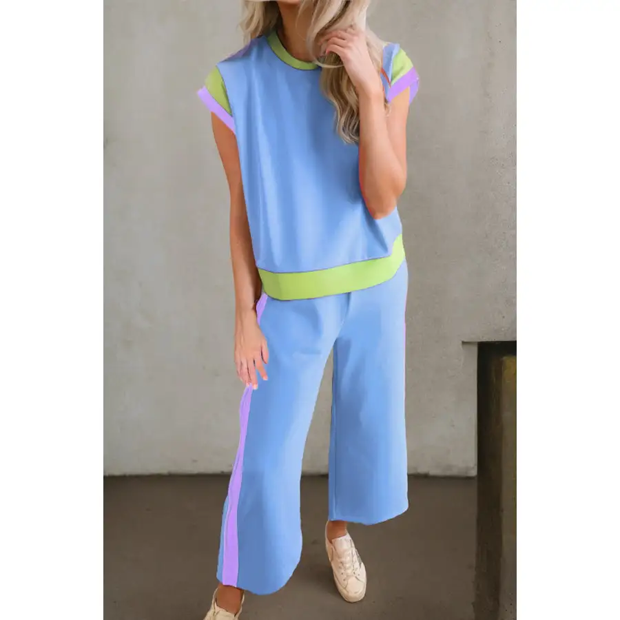 Contrast Round Neck Top and Pants Set
