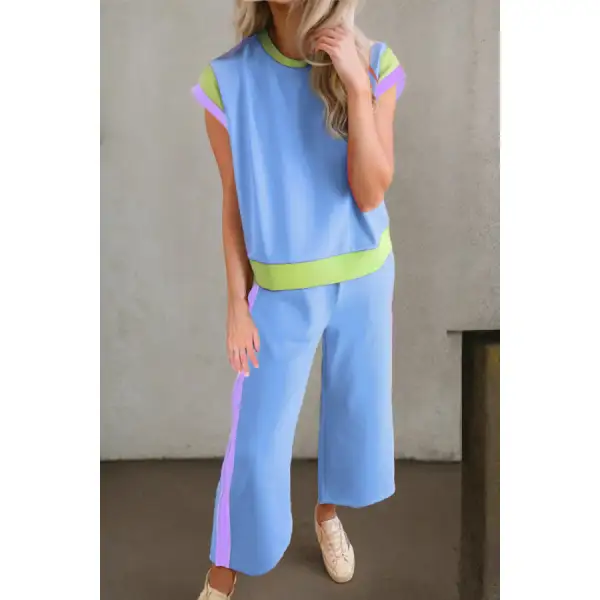 Contrast Round Neck Top and Pants Set