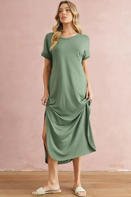 V Neck Hidden Pocket Splits Maxi T-shirt Dress