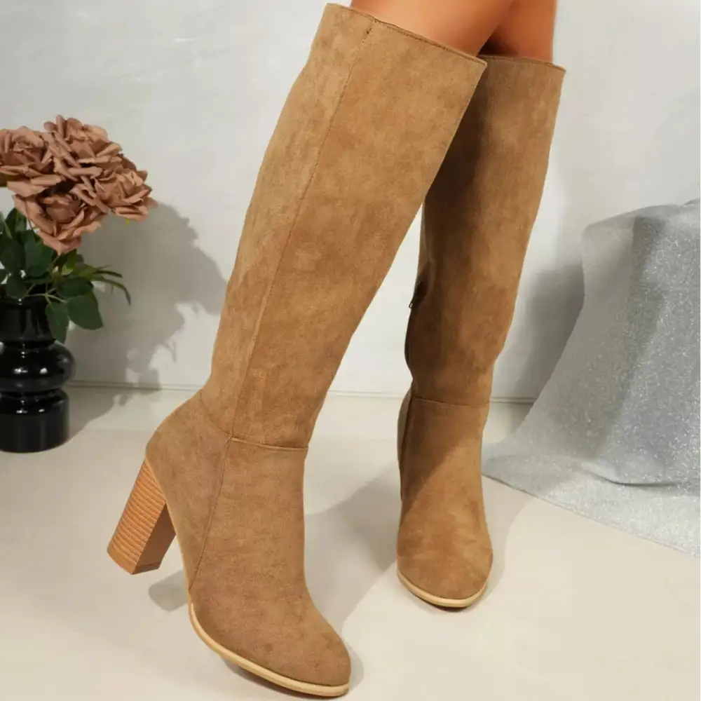 Textured Pointed Toe Block Heel Boots