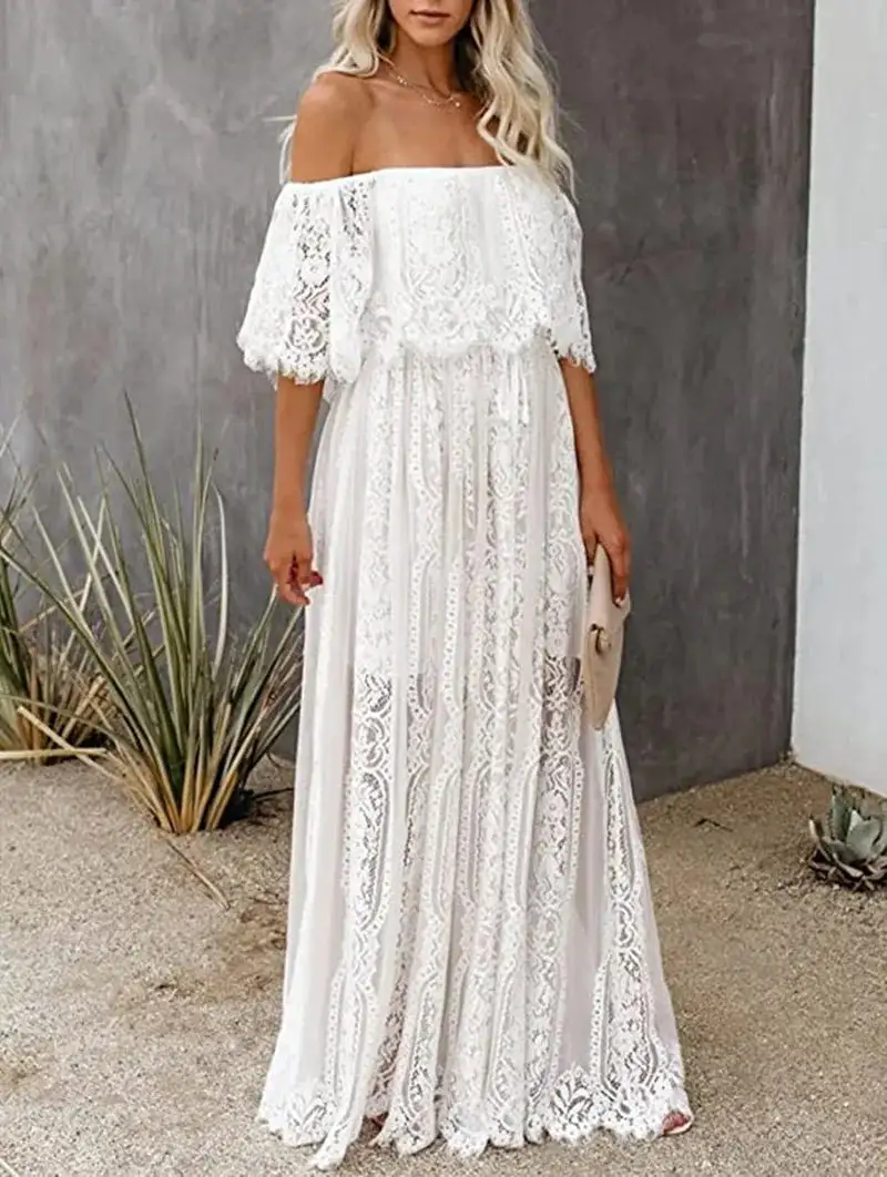 Majestic White Lace Off Shoulder Boho Dress