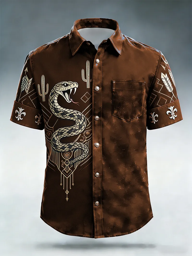 Men's Western Rattlesnake & Cactus Tribal Arrow & Fleur-de-Lis Casual Print Short Sleeve Shirt