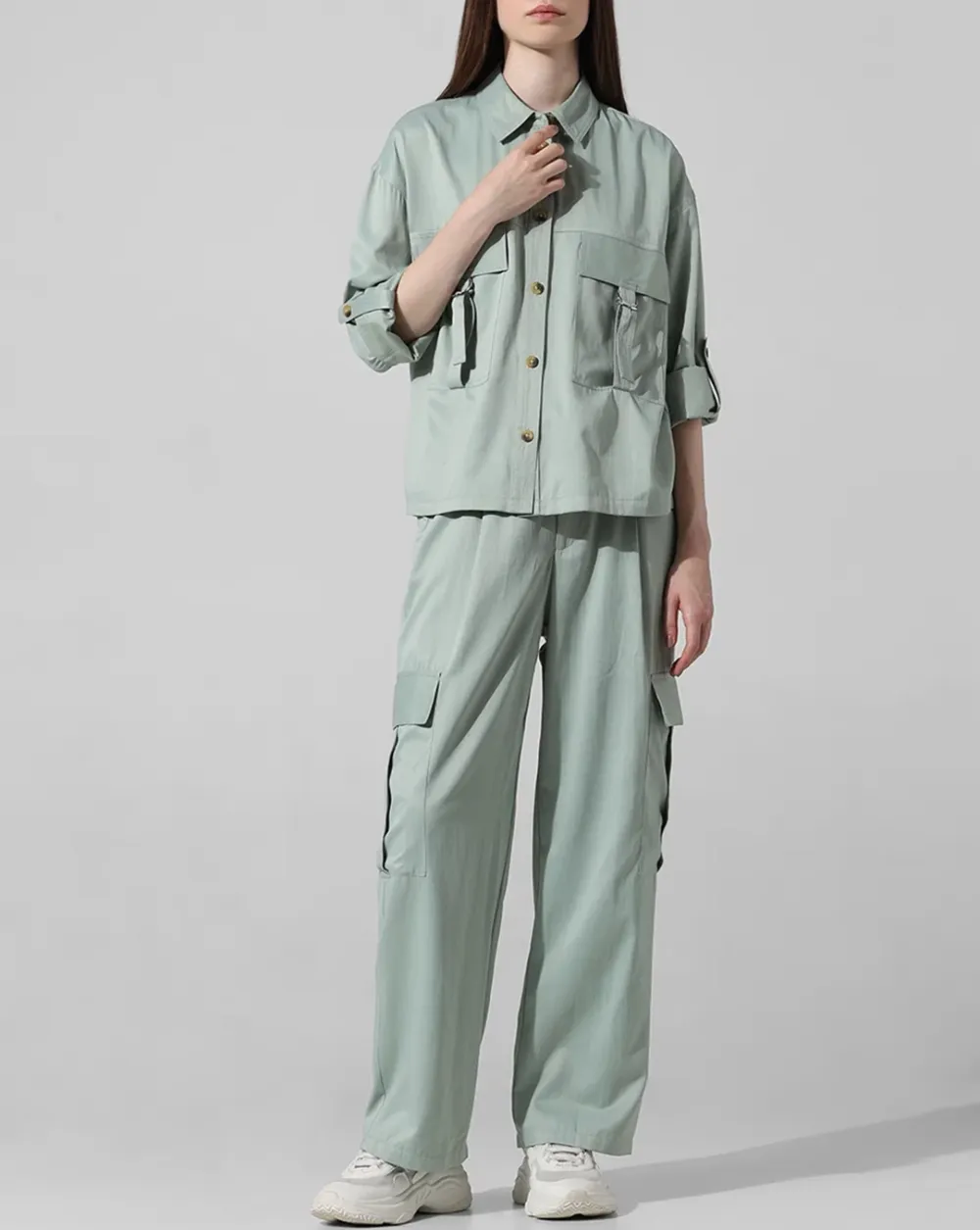 Green Utility Loose Fit Co-ord Set Shirt