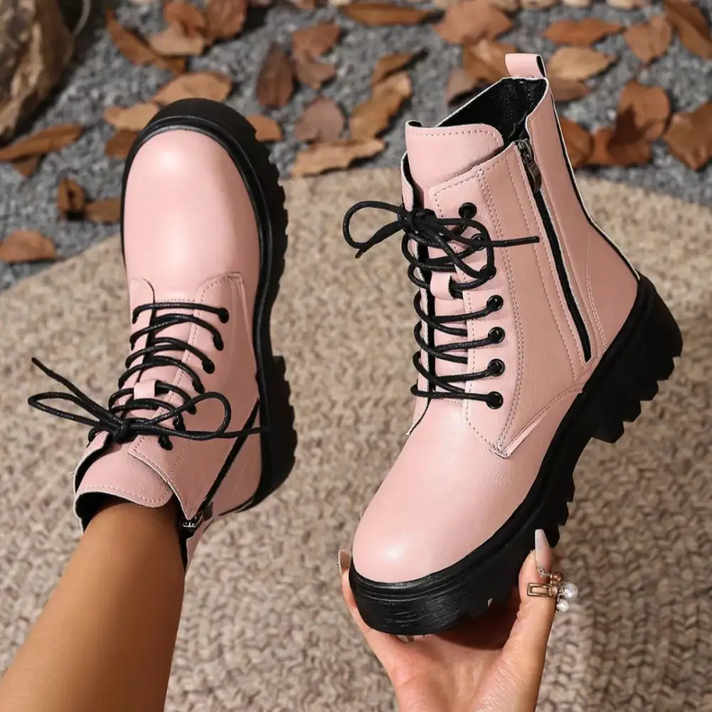 Textured Lace-Up Ankle Combat Boots