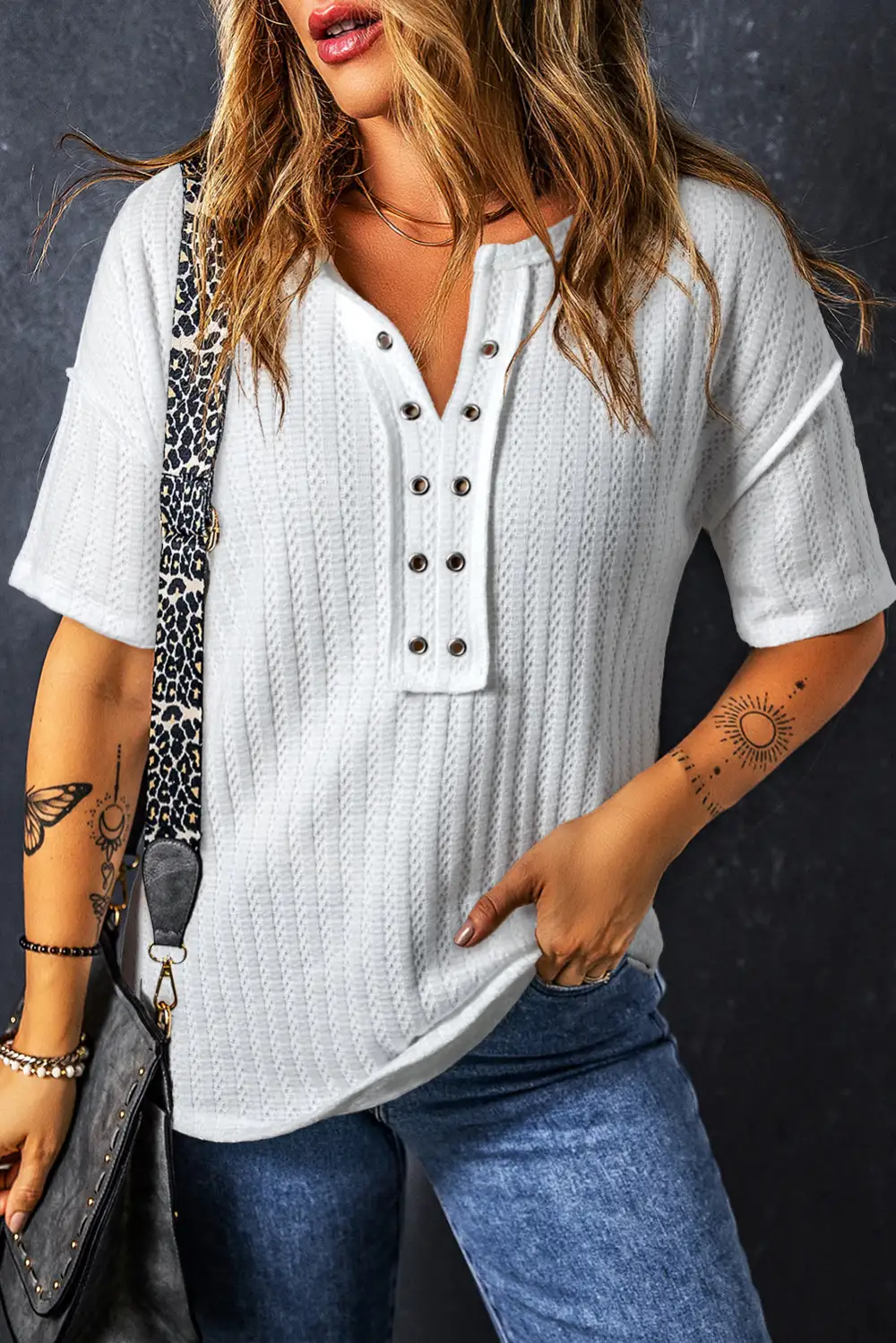 Textured Hollow Grommet Placket Tee