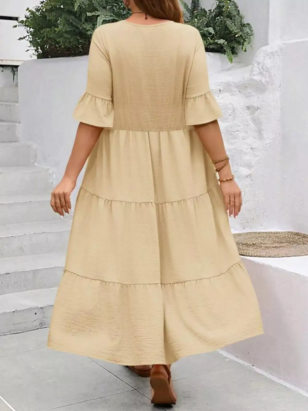 Plus Size Ruffle Sleeves Tiered Midi Dress