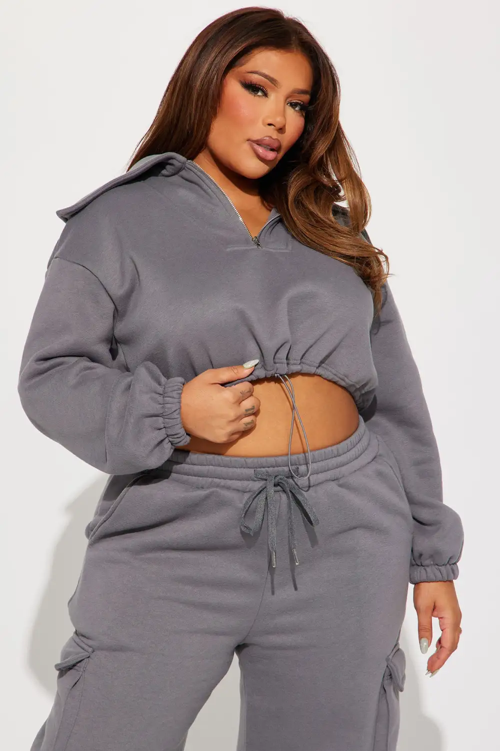 Missing Out Fleece Pant Set - Charcoal