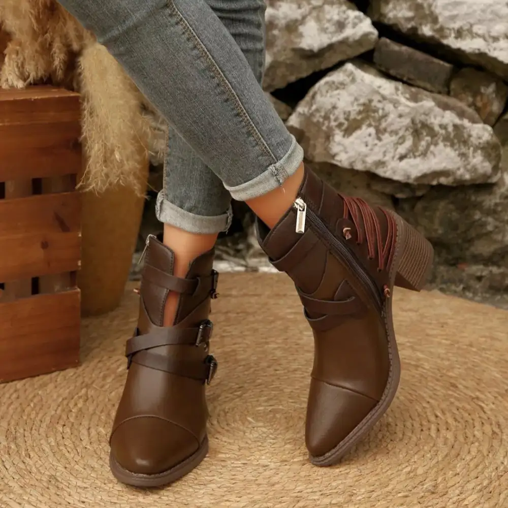 Pointed Toe Buckle Strap Ankle Boots with Block Heel