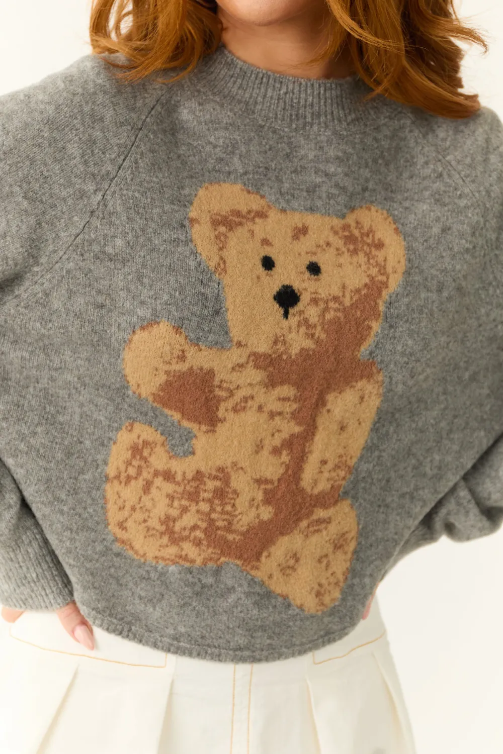 Steel Teddy Bear Graphic Semi Cropped Wool Sweater
