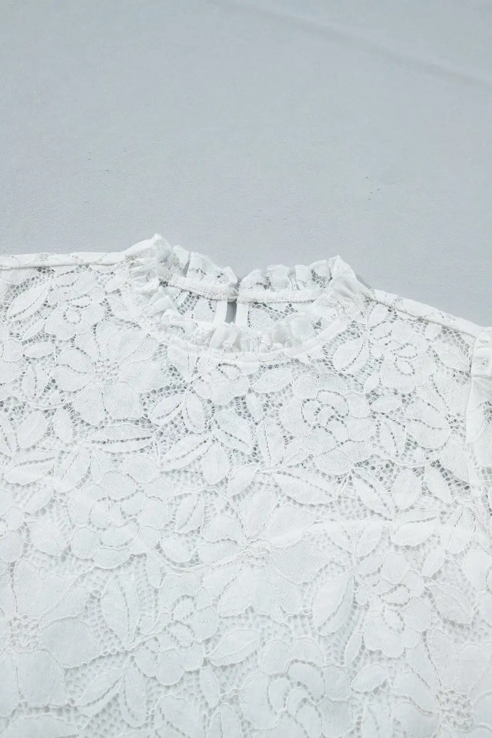 White Ruffled Round Neck Long Flounce Sleeve Sheer Lace Blouse
