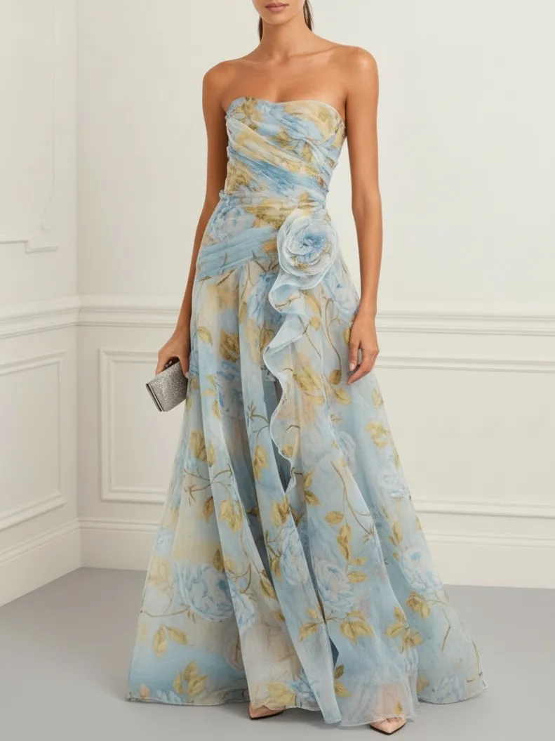 Strapless Floral Print Chiffon Maxi Dress