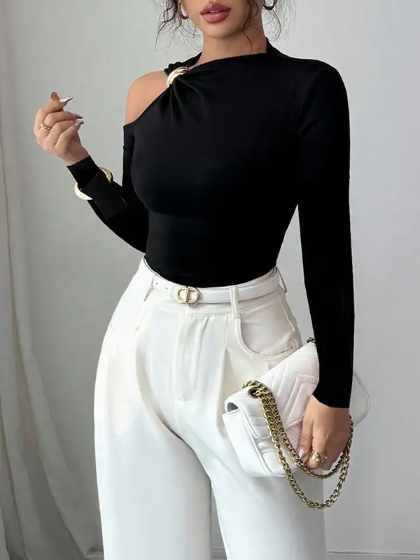 Long Sleeve Slim Fit Asymmetric Neckline T-Shirt