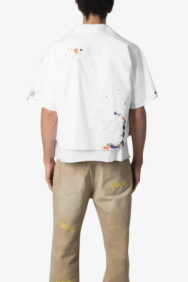 WHITE PAINT SPLATTER POPLIN SHORT SLEEVE SHIRT