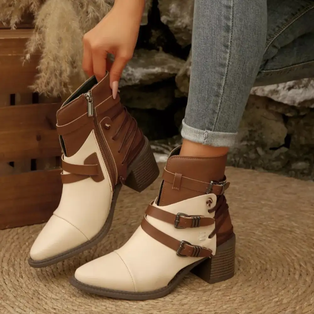 Pointed Toe Buckle Strap Ankle Boots with Block Heel