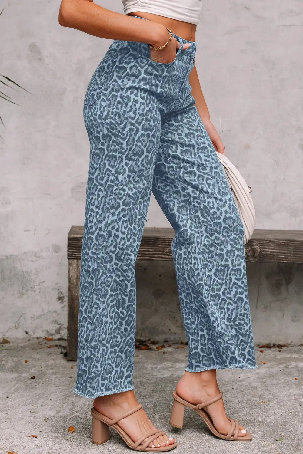 Relaxed Wide Leg High Waist Frayed Leopard Jeans