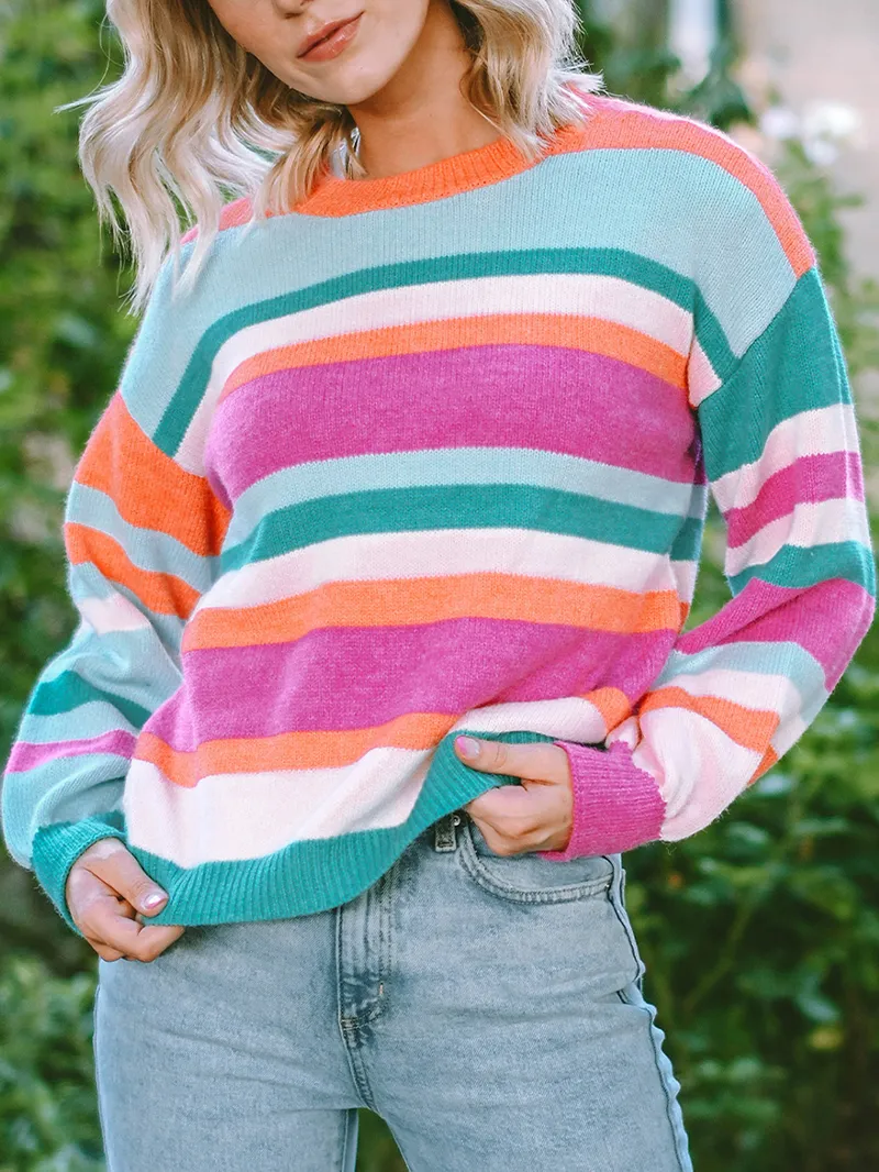 Multicolor Striped Knit Drop Shoulder Puff Sleeve Sweater