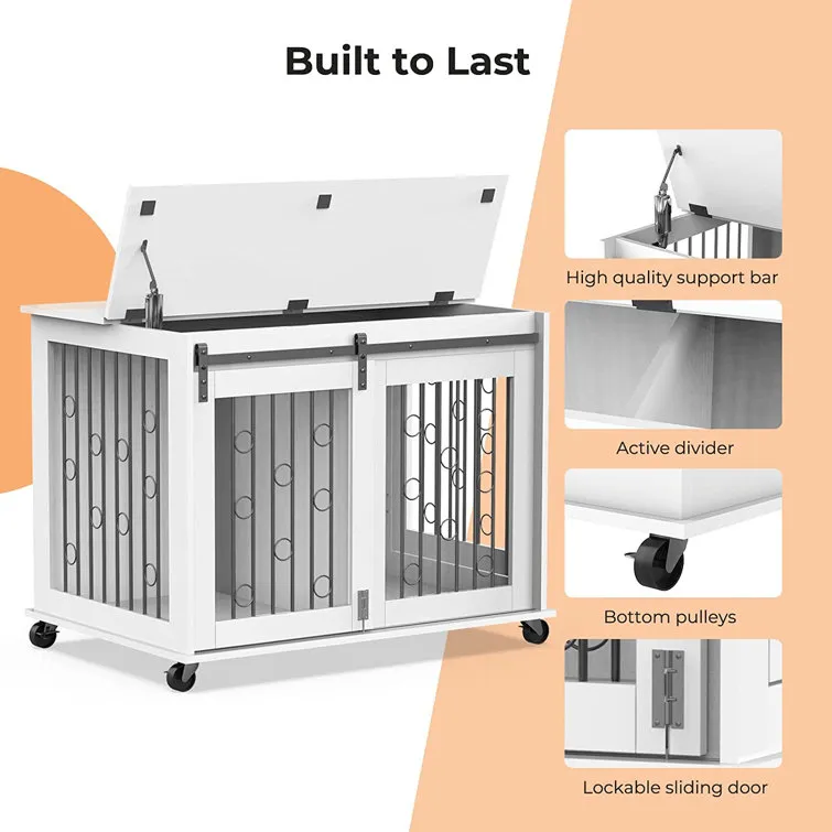 Dog Crate Furniture With Divider For 2 Small To Medium Pets, Wooden Cage End Table, Heavy Duty Indoor Puppy Kennel With Removable Divider And Sliding Door, 39.37'w*25.2'd*28.94'h