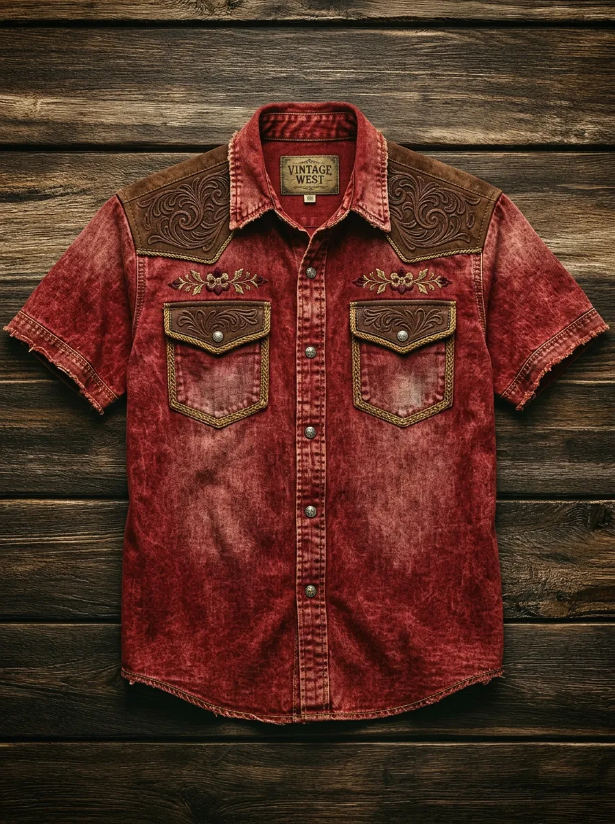 Men's Western Style Floral Embroidery Faux Leather Trim Printed Shirt