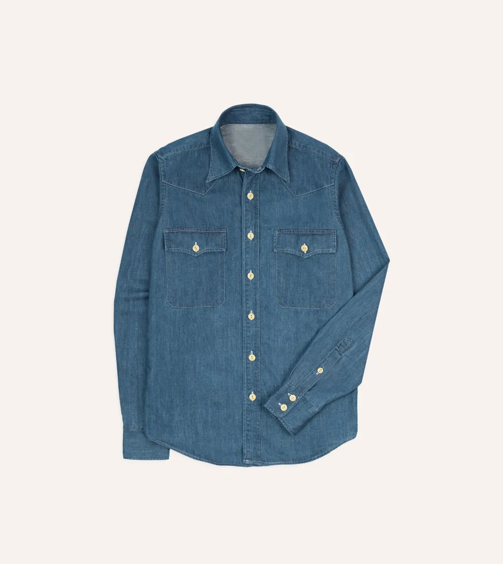 Stone Wash Denim Two-Pocket Western Shirt Casual Style