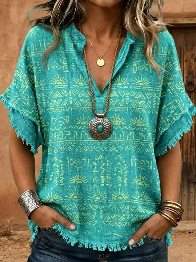 Women'S Retro Art Printed Patchwork Casual Shirt