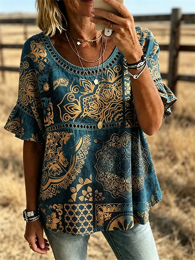 Women's Paisley Print Lace Trim Ruffle Short Sleeve Western Blouse