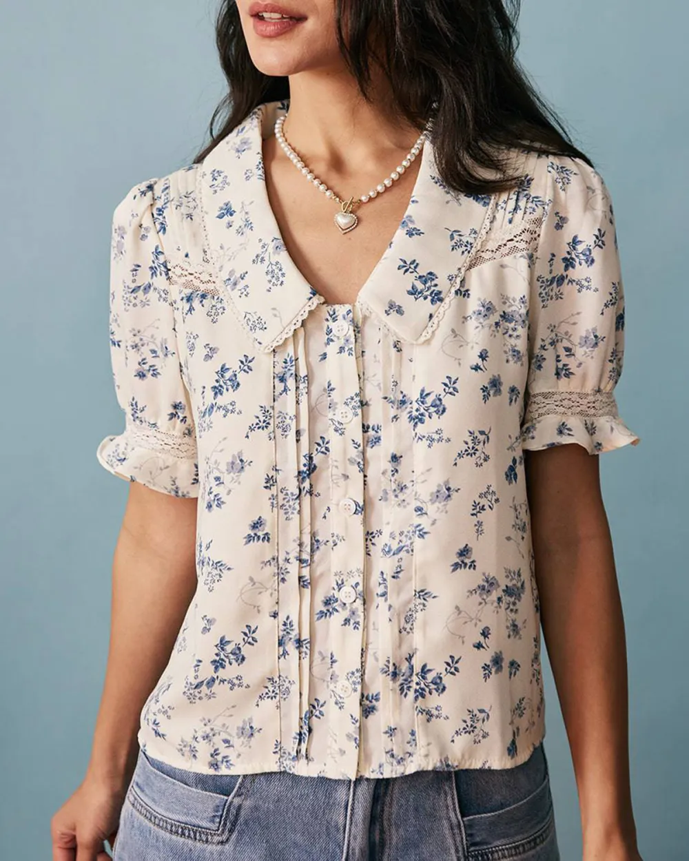 The Lace Spliced Pleated Floral Shirt