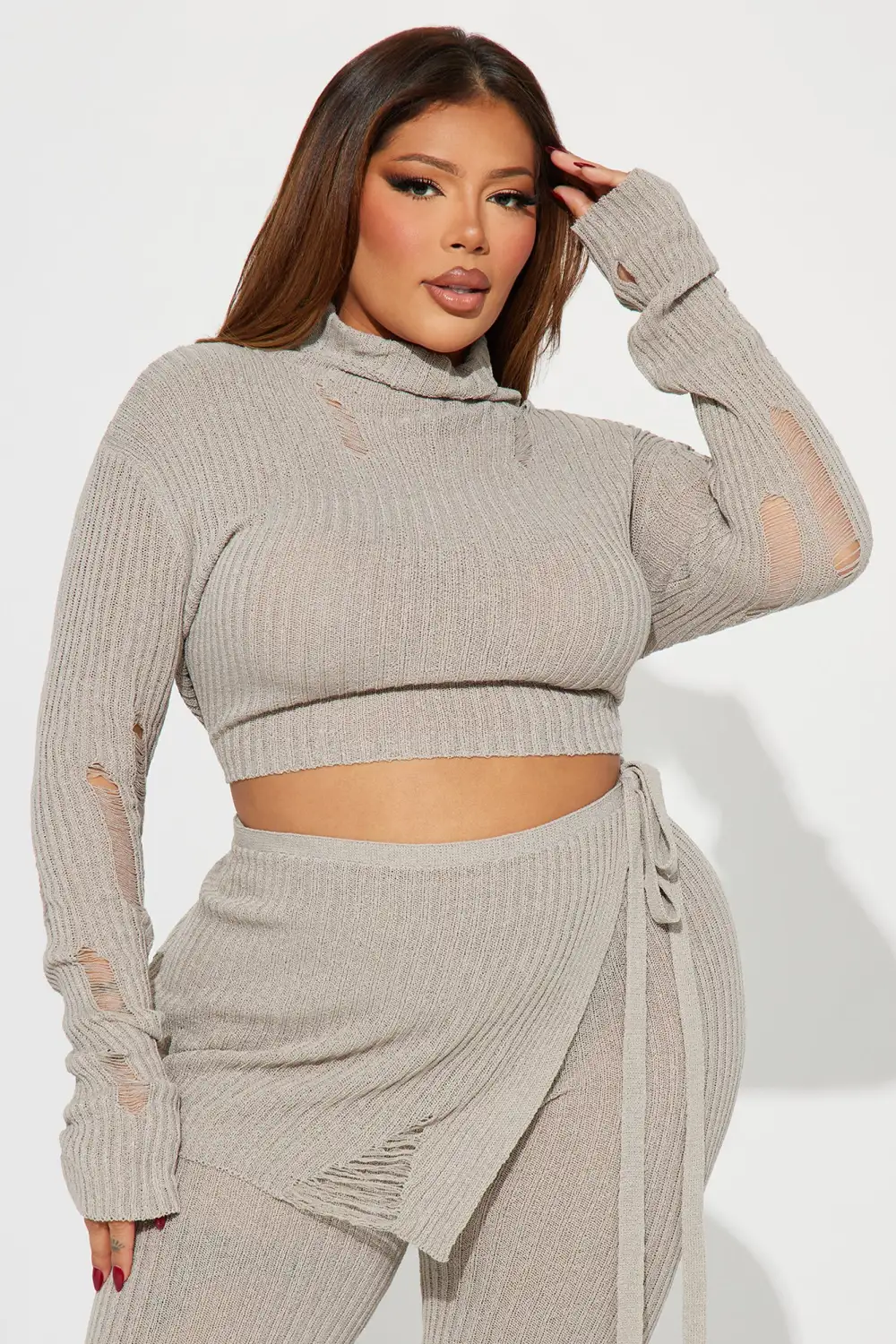 Influential 3 Piece Sweater Knit Pant Set - Stone