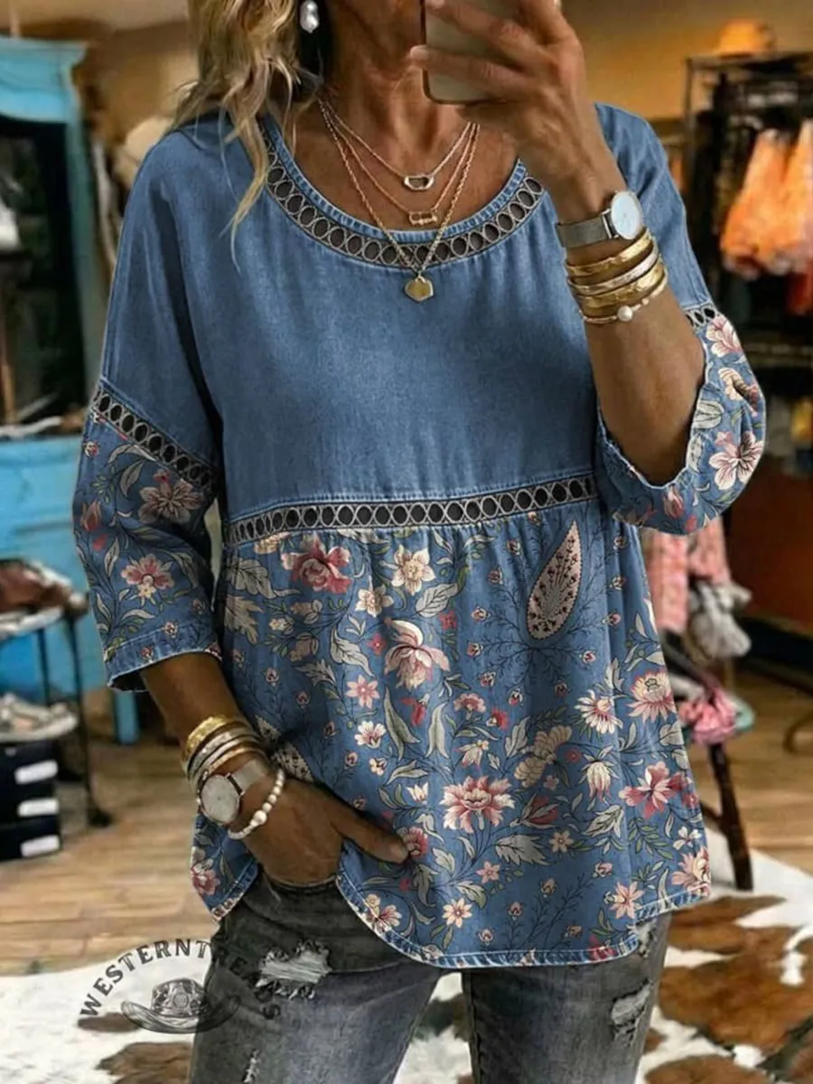Women'S Paisley Printed Casual Hollow Denim Shirt