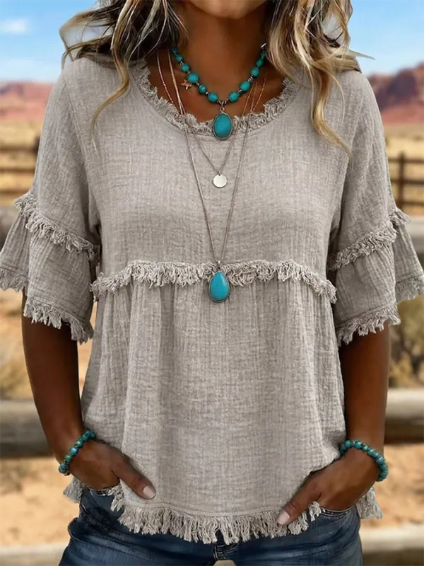 Women's Retro Art Fringed Casual Western Cotton And Linen Shirt