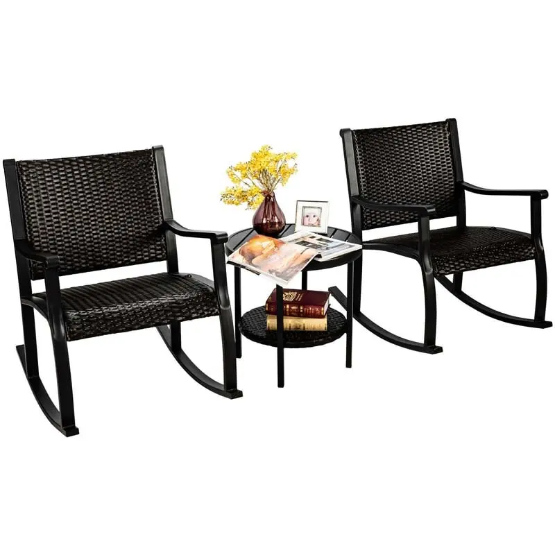 Bestoutdor Wicker Patio Bistro Set with 2 Rocking Chairs & Coffee Table Storage Shelf