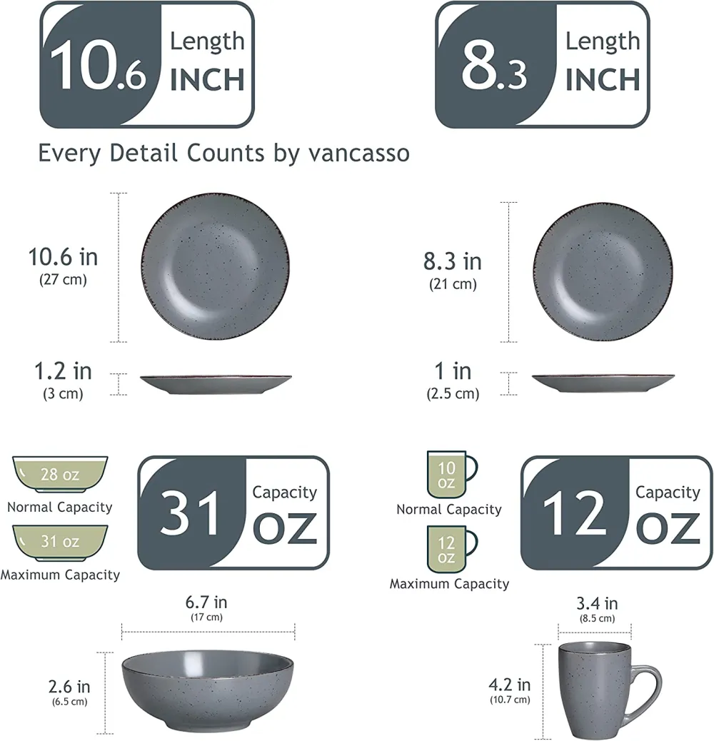 vancasso Navia Ceramic Dinnerware Set, 48 pieces Set of 12 Stoneware Spray Spot Patterned Service Dish with Dinner Plates, Salad Plates, Bowls, Mugs - Grey