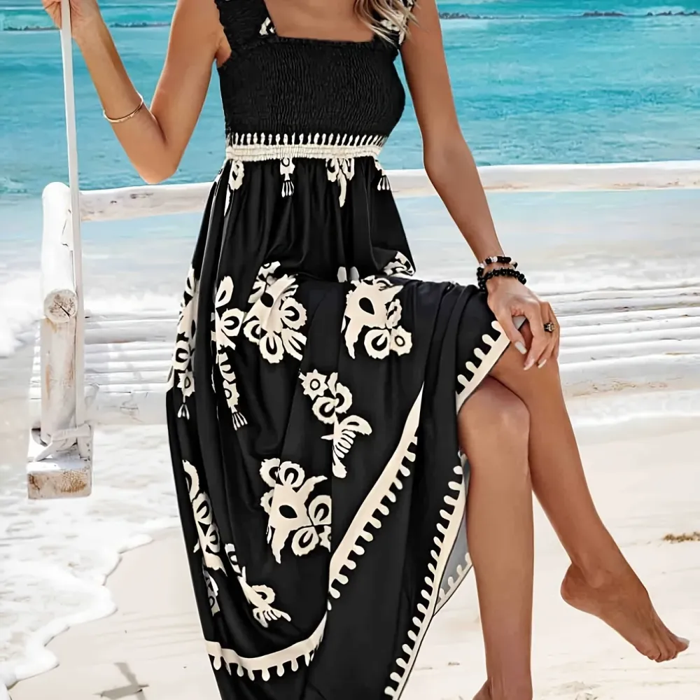 Tribal Print Dress: Spring Style (Square Neck, Shirred, Sleeveless)