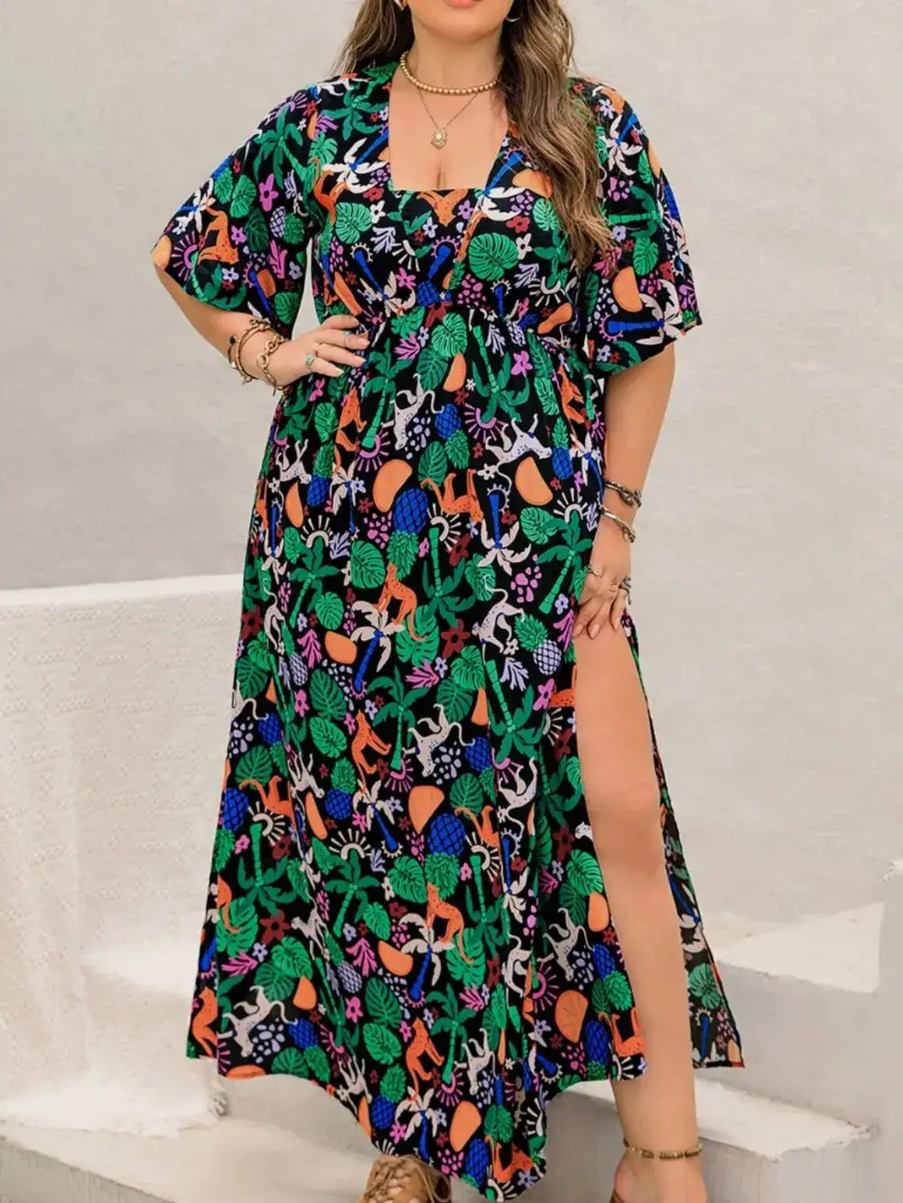 Plus Size Printed Maxi Split Dress