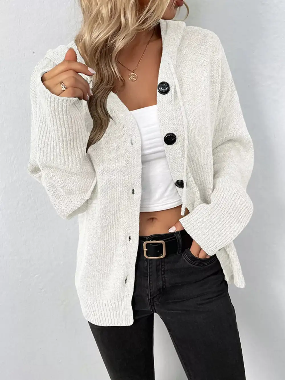 Full Size Cozy Knit Hooded Button Down Cardigan Plus Size