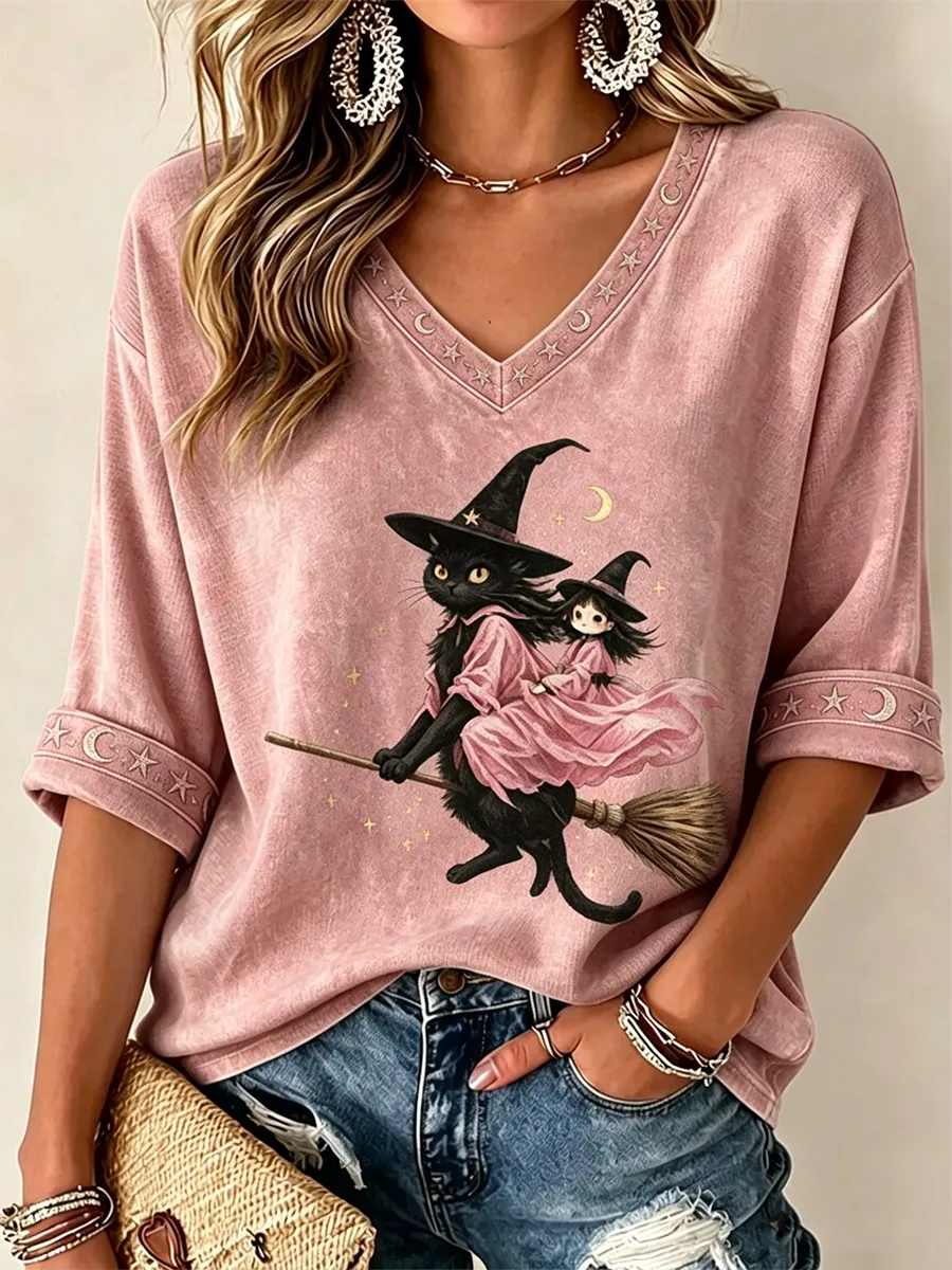 Women'S Pink Witch-Themed Print Waffle V-Neck Top