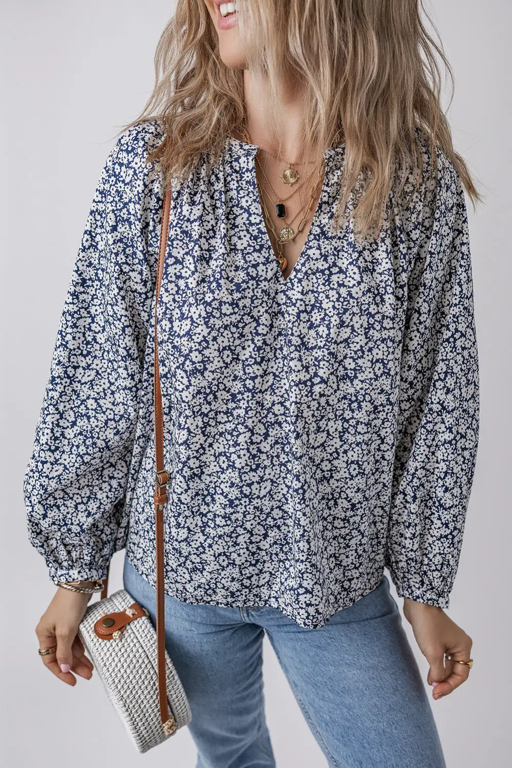 Floral V-Neck Notched Neck Blouse