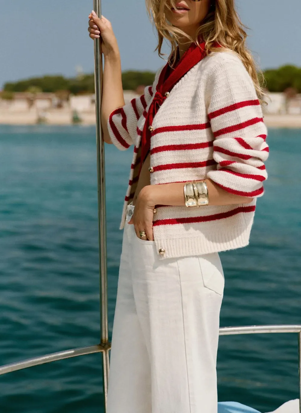 Casual Style Red Wool Blend Stripe Knit Cardigan