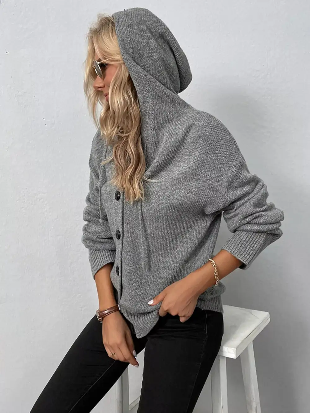 Full Size Cozy Knit Hooded Button Down Cardigan Plus Size