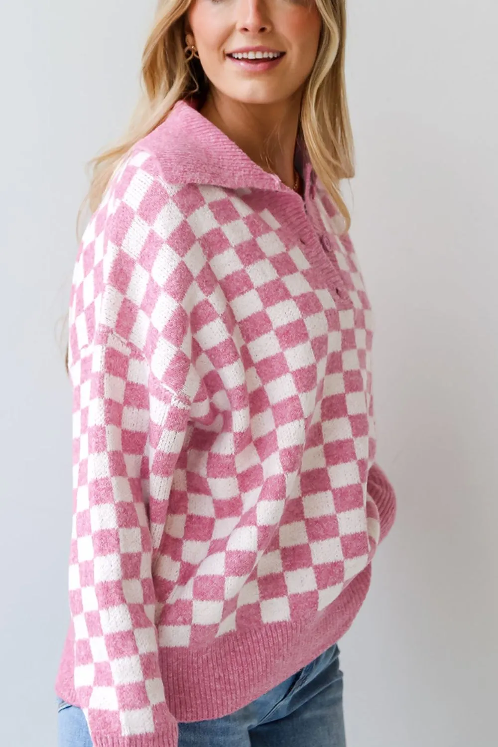 Checkered Collared Neck Long Sleeve Sweater