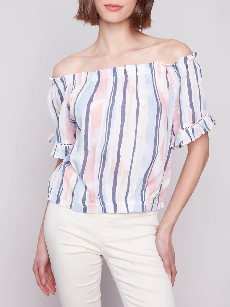 Striped High-End Off-Shoulder Short Sleeves